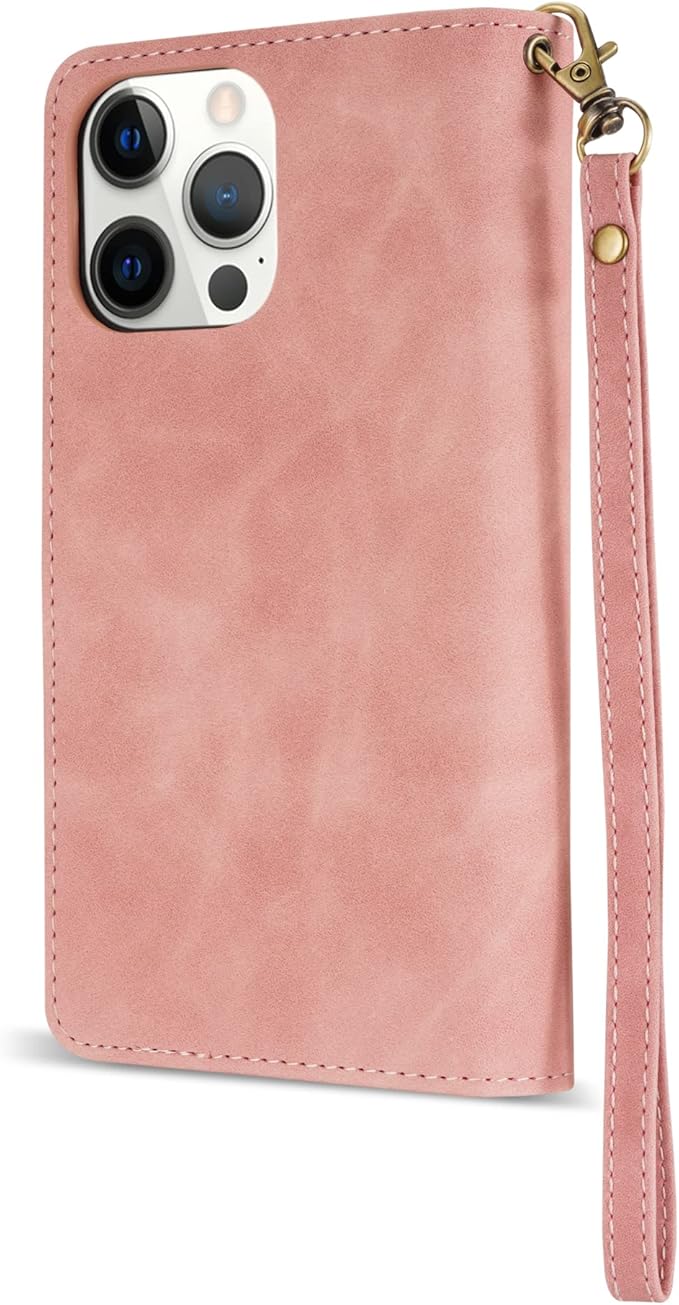 ZZXX for iPhone 12 Pro Max Wallet Case with Card Slot Premium Soft PU Leather Zipper Flip Folio Wallet with Wrist Strap Kickstand Protective Case (Pink, 6.7 inch)