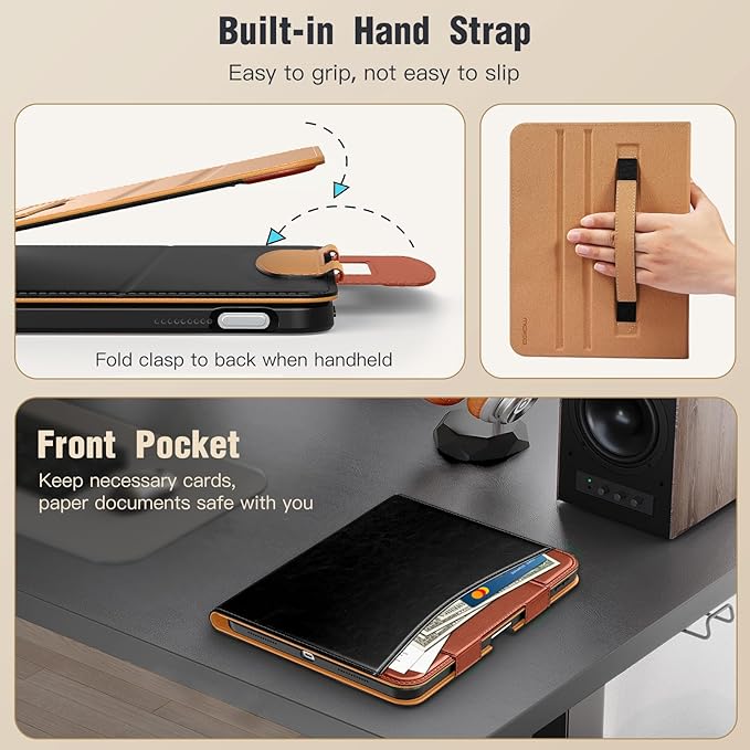 MoKo for iPad (A16) 11th Generation Case 11 inch 2025, iPad 10th Generation Case 10.9" 2022 with Pencil Holder & Pocket, Premium Leather Folio Stand Cover, Multiple Viewing Angles, Black Red Brown