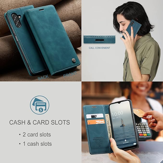for Samsung Galaxy A14 4G/5G Case, Flip Wallet Leather Case with Card Holder Magnetic Closure Shockproof Kickstand Protective Phone Cases Cover for Galaxy A14 Phone Cover,Blue-Green