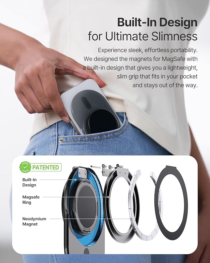 Sinjimoru Phone Grip Stand, Compatible with MagSafe, Adaptor Ring Included, 3000G Kickstand for iPhone 17/16/15/14/13. M-Tap Tok Stand Clear White