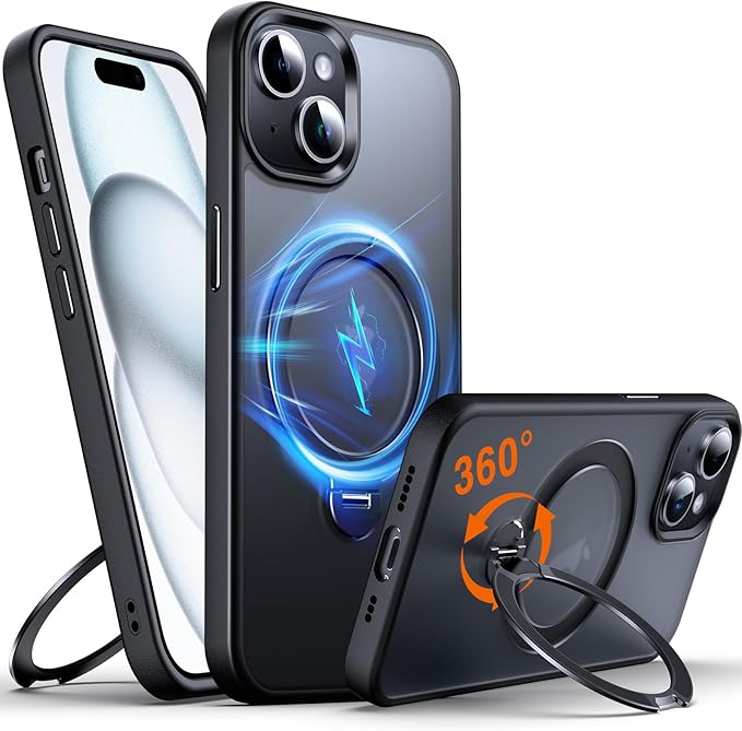 360° O-Ring MagStander for iPhone 15 Case with Magnetic Kickstand Ring Holder [Compatible with MagSafe][360°Rotate Stand Ring][Military Shockproof] Magnet iPhone 15 Phone Cover Matte Black