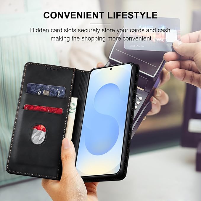 Jasonyu Flip Wallet Case for Samsung Galaxy S25,Leather Magnetic Folio Cover with Card Holder,Kickstand - TPU Shockproof Durable Protective Phone Case,Black