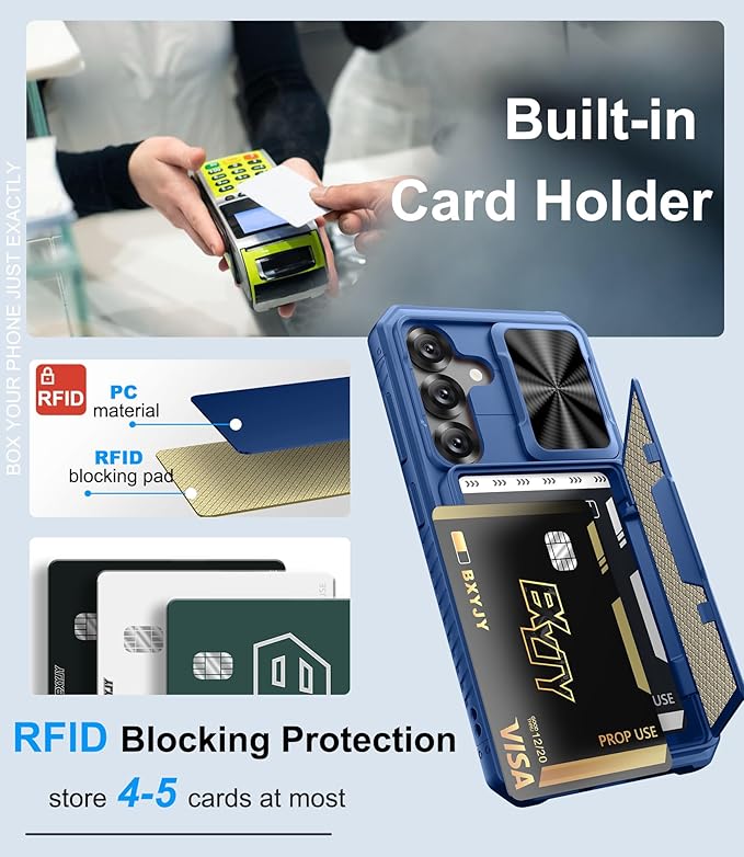 for Samsung Galaxy S25 Wallet Case, Card Holder (4-5 Cards), RFID Block, Slide Camera Cover & Military Grade Drop Proof, Hard Heavy Duty Men Women Protective Phone Case for Galaxy S25, Blue