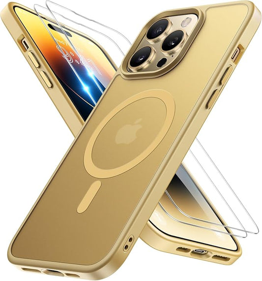 Miracase Magnetic for iPhone 14 Pro Case 6.1 inch (Compatible with MagSafe)（with 2X Screen Protectors） Military-Grade Protection, Anti-Fingerprint Translucent Matte Phone Case Cover, Light Yellow