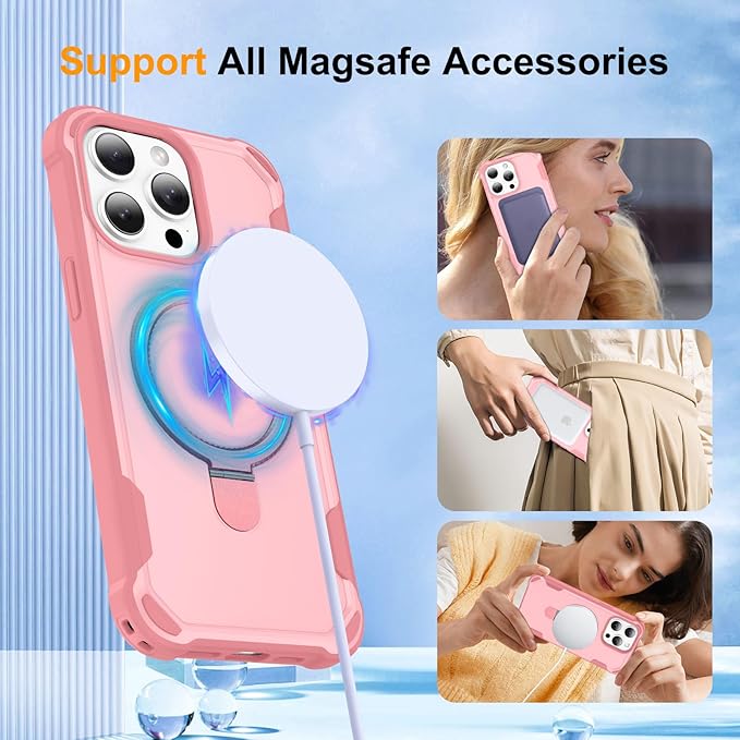 Compatible with iPhone 15 Pro max Case with Invisible Magnetic Ring Stand [Compatible with Magnetic] [Military Drop Protection] Shockproof Slim Hard Back Soft Edge Promax Case 6.7 Inch, Pink