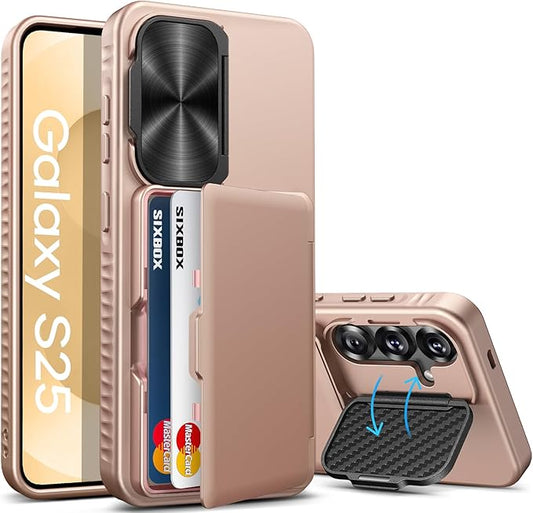 for Samsung Galaxy S25 Case with Card Holder & Camera Lens Cover Stand, Military Grade Drop Protection Shockproof Rugged Kickstand Wallet Protective Phone Case for Samsung S25 2025, Rose Gold