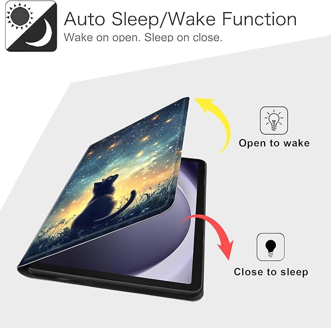Case for Samsung Galaxy Tab A9 8.7-Inch 2023, Slim PU Leather Stand Cover with Auto Wake/Sleep, Multi-Angle Viewing & Shockproof, Black Cat Sky