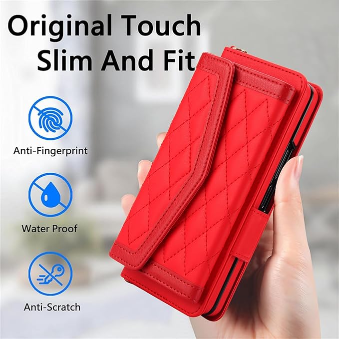 for Samsung Galaxy Z Fold 7 Wallet Case - Stitching Pattern RFID Blocking Card Holder, S Pen Slot Crossbody Strap, Full Body Protection Flip Cover for Women Red