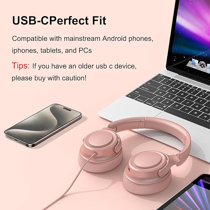Wired Over-Ear Headphones with USB C Connector, Hi-Fi Stereo Sound, Noise-Isolating Ear Cups, Comfortable Fit for USB C Devices (No Bag, Gold)