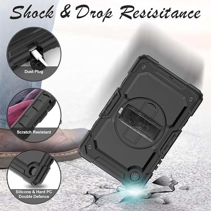 Case for Samsung Galaxy Tab A7 Lite 8.7-inch Tablet Case 2021 [with Tempered Glass Screen Protector], Rotatable Kickstand, S Pen Holder, Hand/Shoulder Strap (Black)