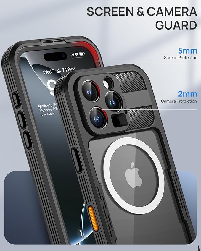 Lanhiem Magnetic for iPhone 16 Pro Max Case, IP68 Waterproof Dustproof Case, [Compatible with Magsafe] [Built-in Screen Protector] Full Body Heavy Duty Rugged Phone Cover 6.9 inch, Black/Clear