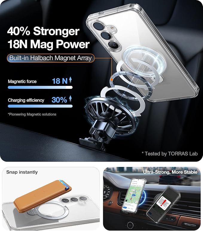 TORRAS 360Spin Magnetic Stand for Samsung Galaxy S25 Plus Case (2025), Fit for Magsafe Military Grade Shockproof Slim Protective S25+ Plus Case with Kickstand & Ring Holder, Ostand Spin, Clear