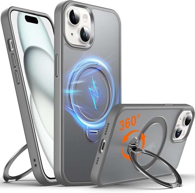 360° O-Ring MagStander for iPhone 15 Case with Magnetic Kickstand Ring Holder [Compatible with MagSafe][360°Rotate Stand Ring][Military Shockproof] Magnet iPhone 15 Phone Cover Matte Grey