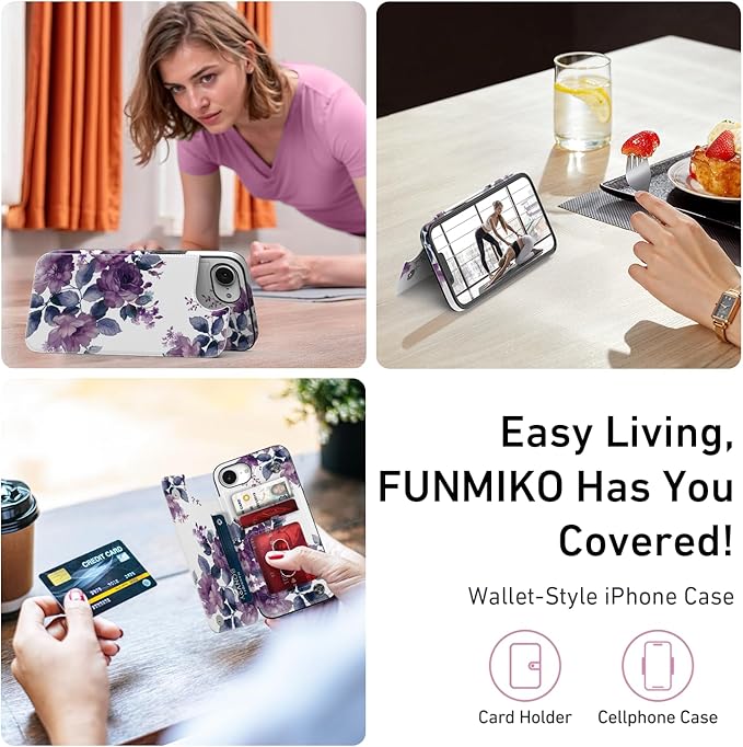 FUNMIKO for iPhone 16e Wallet Case with Card Holder, RFID-Blocking, Military-Grade Protection & UV-Printed Artwork, Magnetic Closure with Leather Kickstand - Elegant Purple Floral