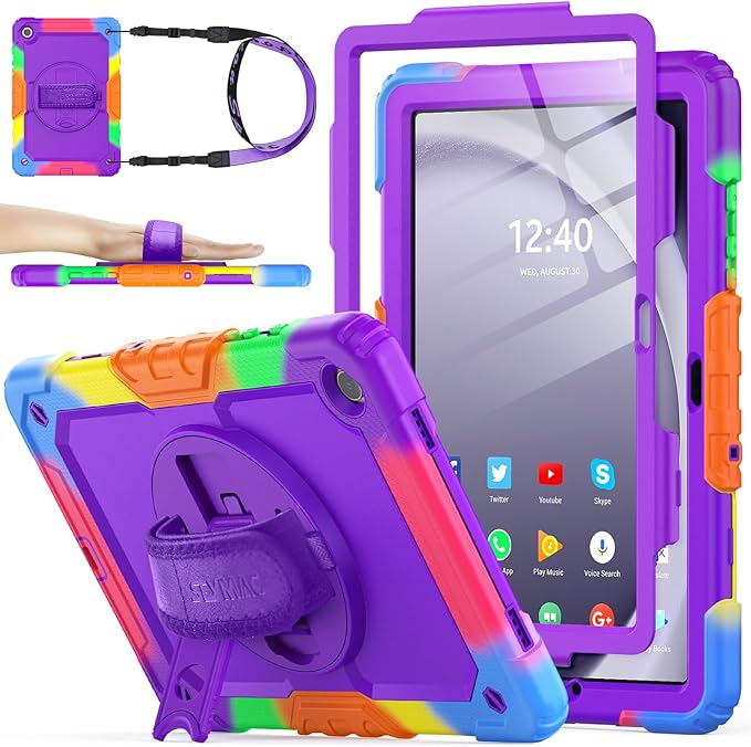 SEYMAC stock Case for Samsung Galaxy Tab A9+ Plus 11'', Full-Body Drop Protection Case with Screen Protector Pencil Holder [360° Rotating Hand Strap] &Stand, Purple+Colorful