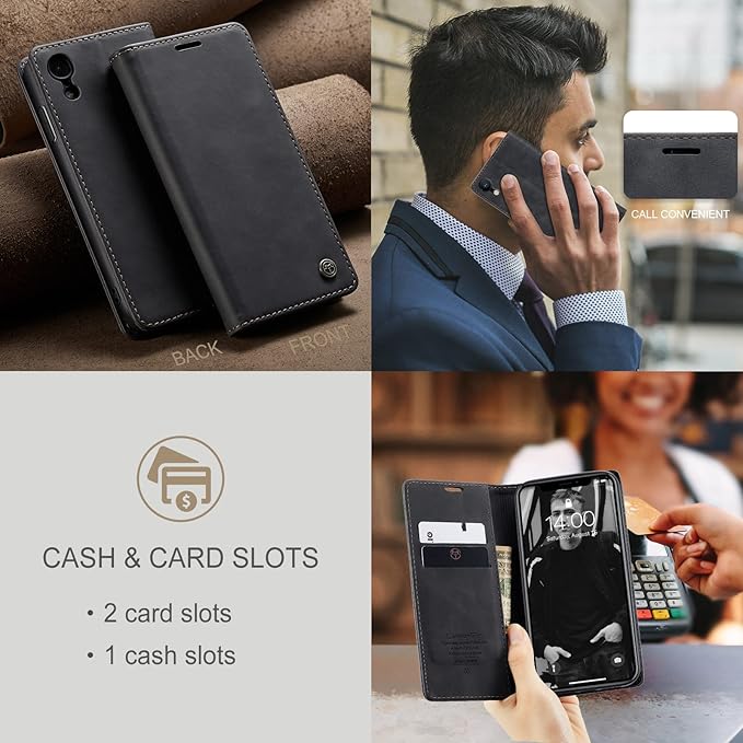 for iPhone XR 6.1-Inch Case, Flip Wallet Leather Case with Card Holder Magnetic Closure Shockproof Kickstand Protective Phone Cases Cover for iPhone XR, Black