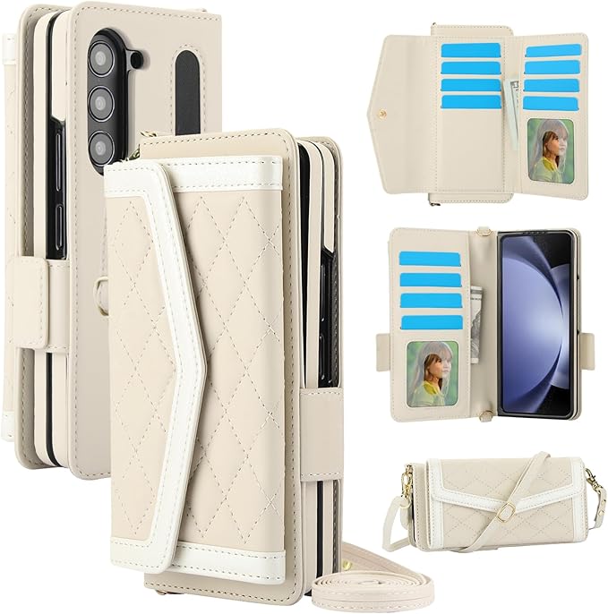for Samsung Galaxy Z Fold 7 Wallet Case - Stitching Pattern RFID Blocking Card Holder, S Pen Slot Crossbody Strap, Full Body Protection Flip Cover for Women White