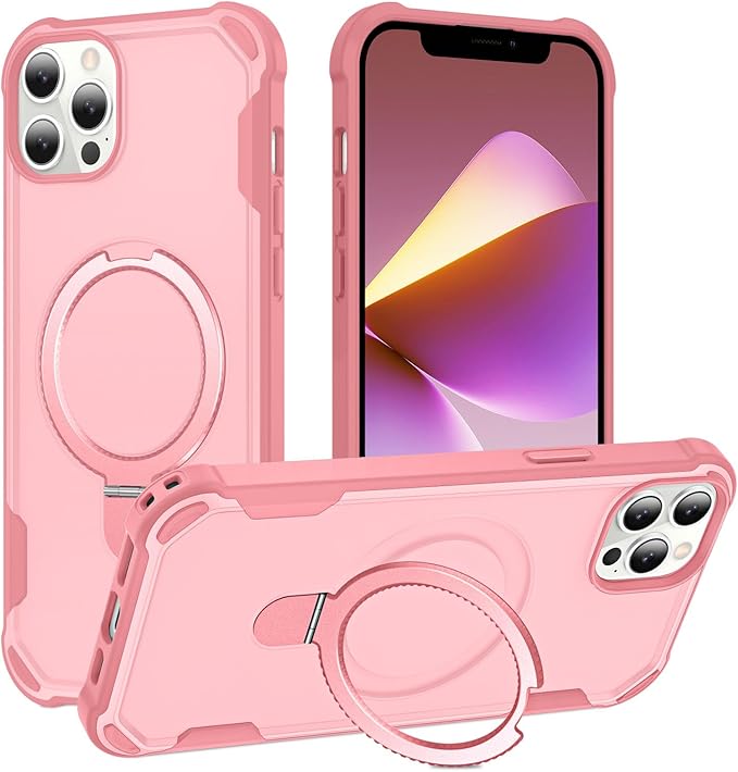 Compatible with iPhone 12 Case & iPhone 12 Pro Case with Invisible Magnetic Ring Stand [Compatible with Magnetic] [Military Drop Protection] Shockproof Hard Back Soft Edge 6.1 Inch, Pink