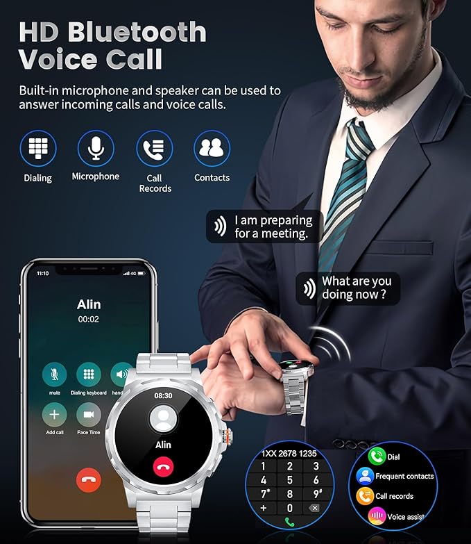 Military Smart Watch for Men(Answer/Dial Calls),1.46'' AMOLED Touchscreen/120 Sports Modes/5ATM Waterproof Fitness Watch with Heart Rate/SpO2/Blood Pressure/Pedometer for Android/iOS Smartwatch Silver