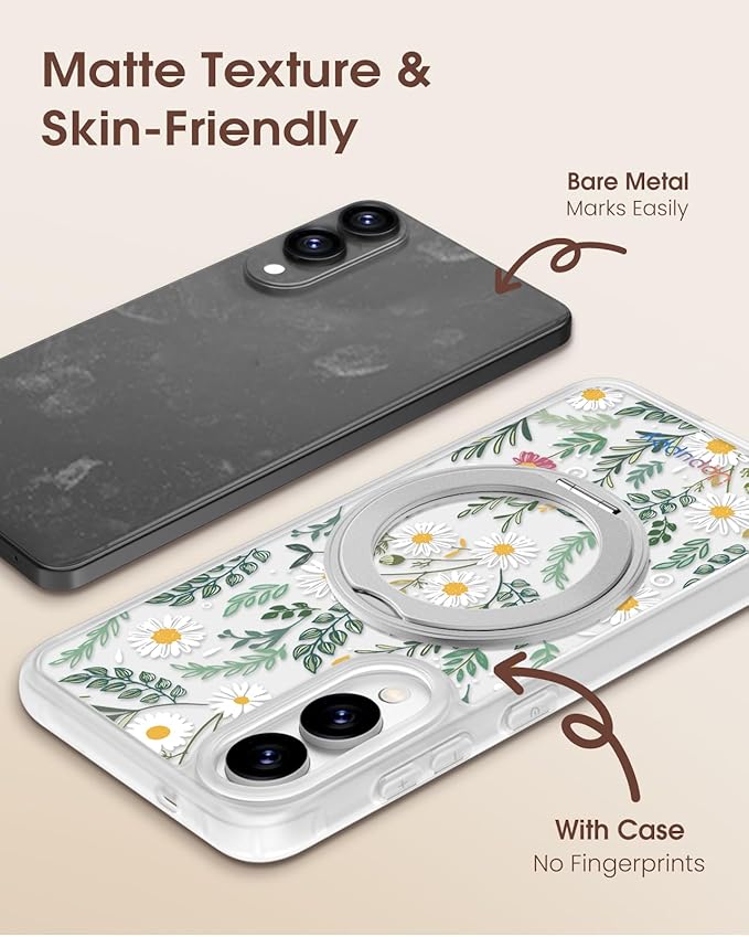 for Samsung Galaxy S25 Edge Case with 360° Rotatable Magnetic Ring - Compatible with MagSafe, Semi-Transparent Soft-Touch Material Shockproof, Cute Daisy Flower Design for Women Girl