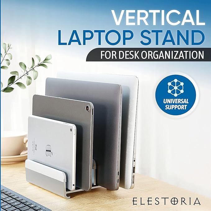 Elestoria Adjustable Laptop Stand - Fits 5 Devices, Modern Design, Tool Free Adjustment, Protective & Stable | Grey
