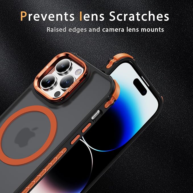 Magnetic for iPhone 14 Pro Case Orange with MagSafe Wireless Charging Heavy Duty Military-Grade Shockproof Protection Adjustable Kickstand Slim Matte Anti-Fingerprint Cover Men Women