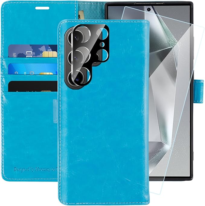 MONASAY Wallet Case Fit for Samsung Galaxy S24 Ultra 5G，[Lens & Glass Screen Protector] [RFID Blocking] Flip Folio Leather Cell Phone Cover with Credit Card Holder, 6.8 inch, Light Blue