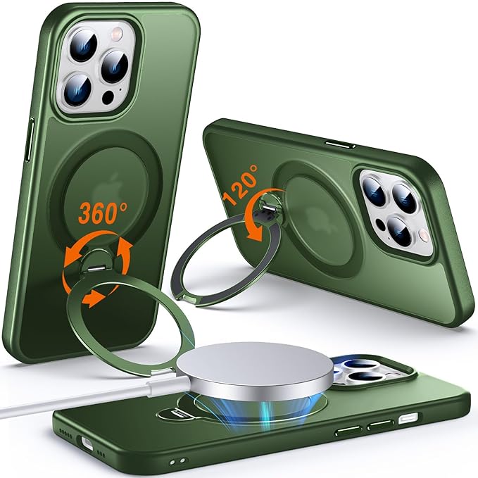 360° O-Ring MagStander for iPhone 14 Pro Case with Magnetic Kickstand Ring Holder [Compatible with MagSafe][360°Rotate Stand Ring][Military Shockproof] iPhone 14 Pro Phone Cover Matte Green