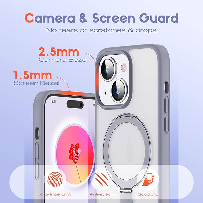 Designed for iPhone 15 Case with Magnetic Ring Stand [Compatible with Mag-Safe] [Military Drop Protection] Shockproof Translucent Phone Cover 6.1" for Women Men,Grey