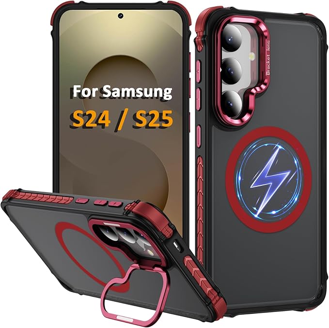 Magnetic for Samsung Galaxy S25 Case/S24 Case Red Fit for MagSafe Military-Grade Shockproof Protection Adjustable Kickstand Slim Matte Anti-Fingerprint Cover Men Women