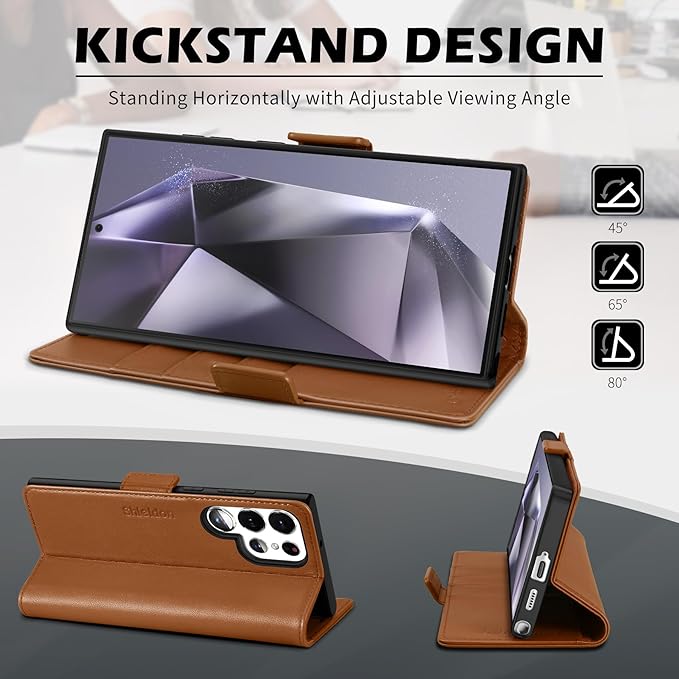 SHIELDON Case for Galaxy S25 Ultra, Genuine Leather Wallet Case with Kickstand RFID Blocking Card Holder Magnetic Shock Absorbing Cover Compatible with Galaxy S25 Ultra 6.9" 2025 - Nappa Saddle Brown