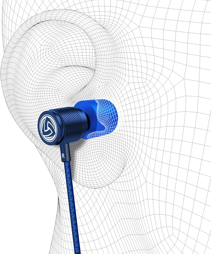LUDOS Ultra Wired Earbuds in-Ear Headphones, 5 Years Warranty, Earphones with Microphone, Noise Isolating Ear Buds, Memory Foam for iPhone, Samsung, School Students, Kids, Women, Small Ears - Blue