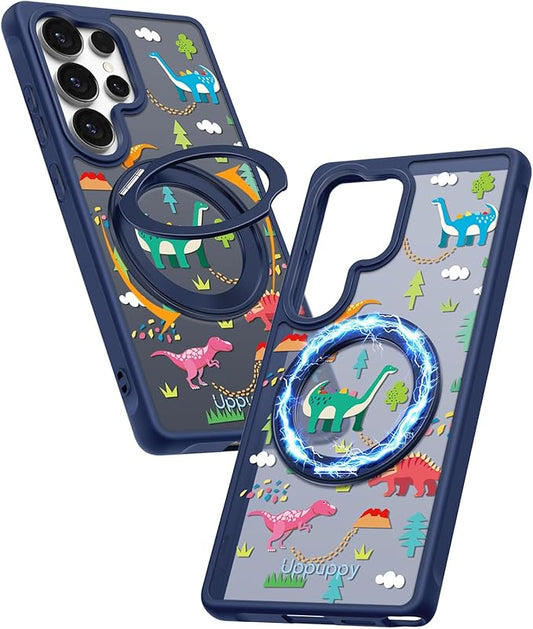 for Samsung Galaxy S25 Ultra Case with 360° Rotatable Magnetic Ring - Compatible with MagSafe, Semi-Transparent Soft-Touch Material Shockproof, Cute Dinosaur Design for Women Girl