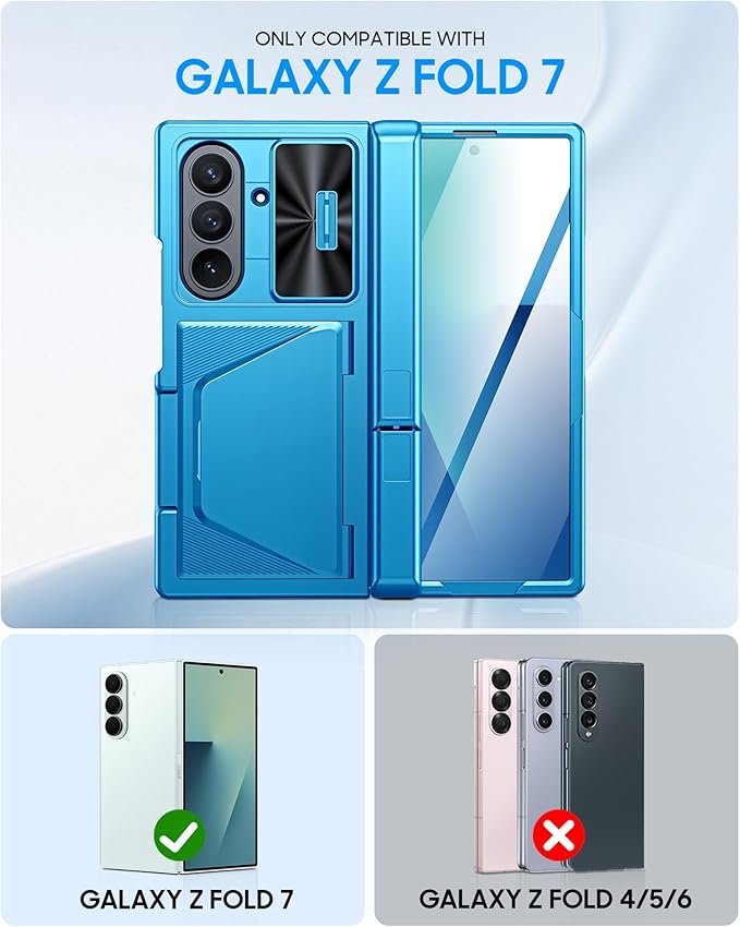 for Samsung Galaxy Z Fold 7 Case with Card Holder RFID Blocking, Built in Slide Lens Cover & Hinge Protection & Kickstand & Screen Protector, Shockproof Wallet Case for Z Fold 7 (Lake Blue)
