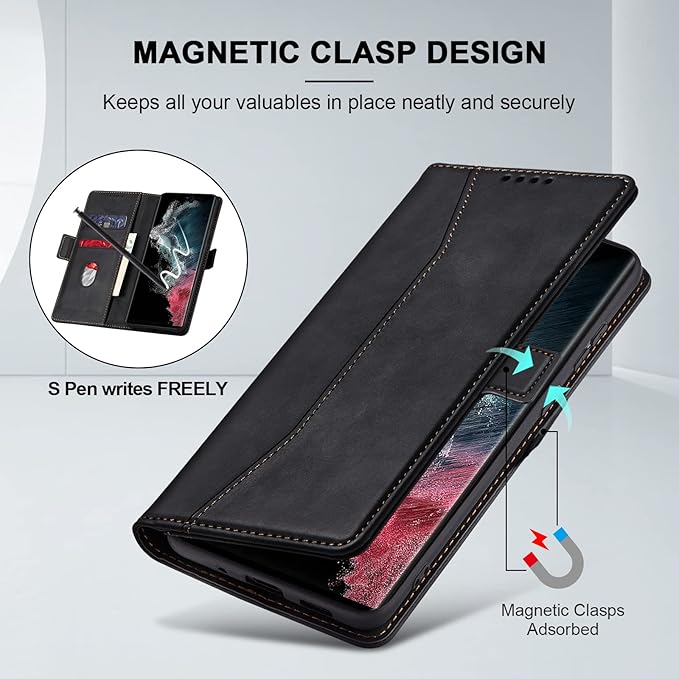 Jasonyu Flip Wallet Case for Samsung Galaxy S22 Ultra 5G,Leather Magnetic Folio Cover with Card Holder,Kickstand - TPU Shockproof Durable Protective Phone Case,Black