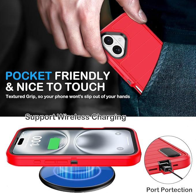 for iPhone 16 Case with 2 Screen Protectors,Heavy Duty Shockproof Drop Protection Military Grade Tri-Layer Rugged Cell Phone Cover with Built-in Invisible Kickstand for Apple 16 6.1“ (Red)