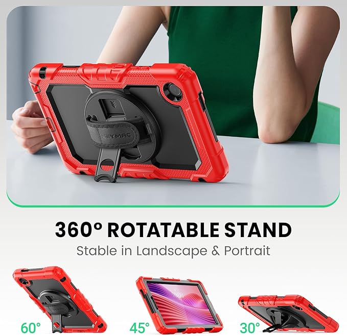 SEYMAC Case for Lenovo Tab One 8.7 inch/ K9 TB305FU (2025), Heavy Duty Full-Body Shockproof Protective Case with Screen Protector, Stand, Hand/Shoulder Strap and Pen Holder, Red