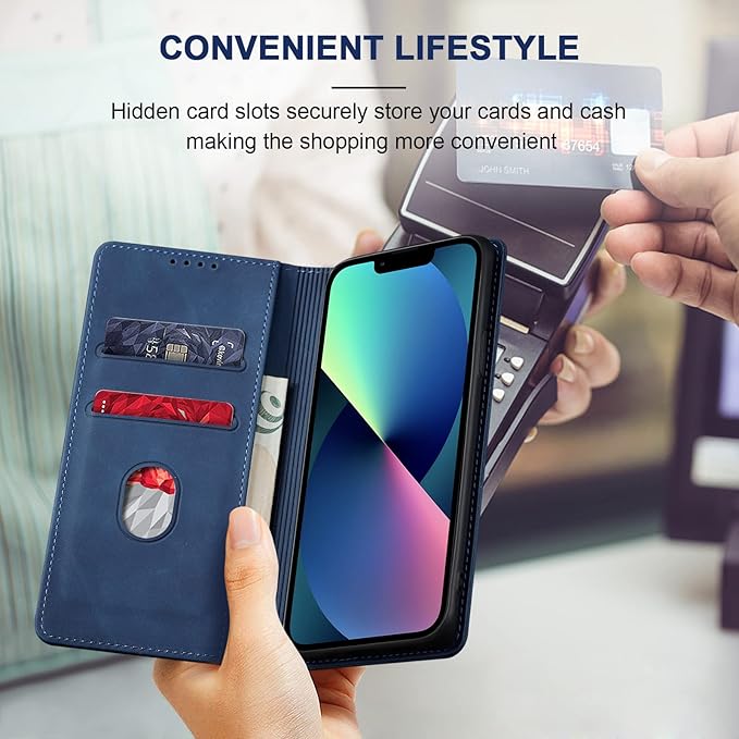 Jasonyu Flip Wallet Case for iPhone 13,Leather Magnetic Folio Cover with Card Holder,Kickstand - TPU Shockproof Durable Protective Phone Case,Blue