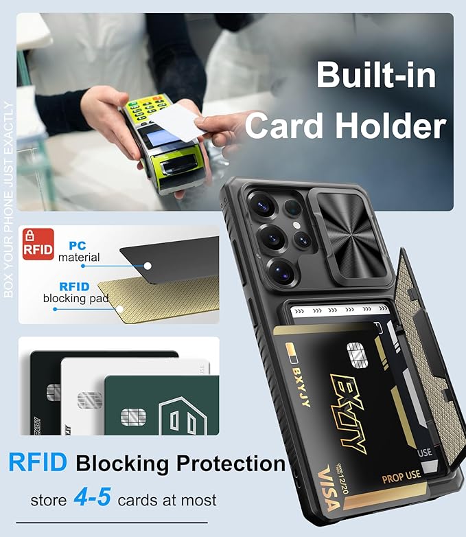 for Samsung Galaxy S25 Ultra Case with Tempered Glass Screen Protector, Wallet Card Holder (4-5 Card), Slide Camera Cover, Military Grade Protection, Heavy Duty Case for Samsung S25 Ultra, Black