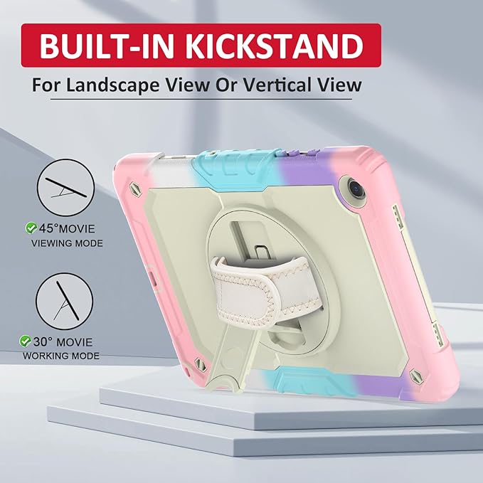 Ambison Case for Samsung Galaxy Tab A9+ Plus 11'' 2023, [Kids Proof] Full Body Protective Case with 9H Tempered Glass Screen Protector, 360° Rotatable Kickstand & Hand Strap (Light Pink)
