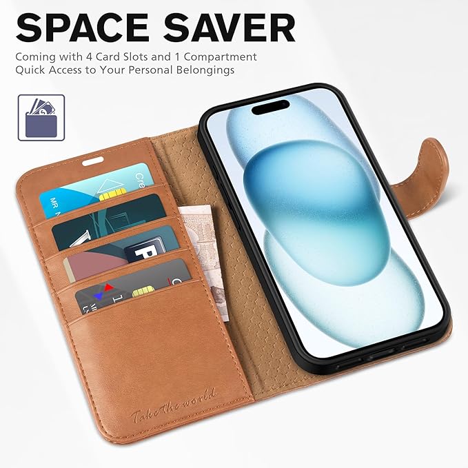 TUCCH Case Wallet for iPhone 15 6.1", [RFID Blocking] [4 Card Slots] Kickstand [Shockproof TPU Interior Case], PU Leather Magnetic Flip Cover Compatible with iPhone 15 5G 2023, Light Brown
