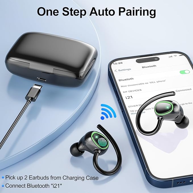 Bluetooth Wireless Headphones Earbuds 60hrs Playback Ear Buds IPX6 Waterproof Stereo Bass Over-Ear Earphones with Earhooks Microphone LED Battery Display for Sports/Workout/Gym/Running