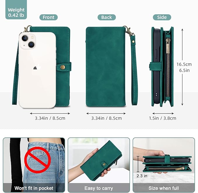 TwoHead Wallet Case Compatible with iPhone 15 Plus,Detachable Magnetic Phone Case,All-Round Shockproof Protective Leather Phone Case with Card Holder,6.7 in,Green