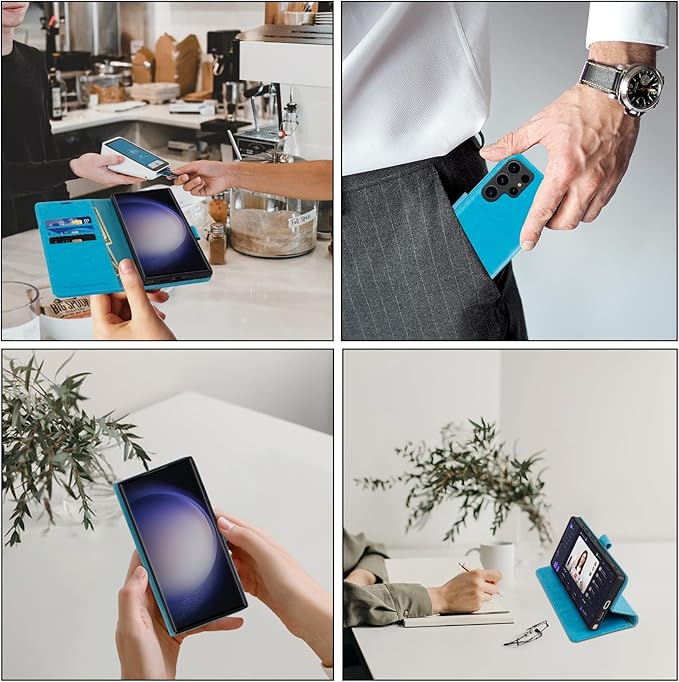 MONASAY Wallet Case Compatible for Galaxy S23 Ultra 5G,[RFID Blocking] Flip Folio Leather Cell Phone Cover with Credit Card Holder, 6.8 inch, Light Blue