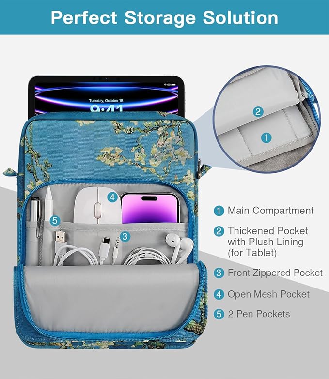 MoKo 9-11 Inch Tablet Sleeve Bag Handle Carrying Case with Shoulder Strap for iPad Pro, Air, 10th, 9/8/7, Air 5/4, Tab S8/S9, Apricot Flower