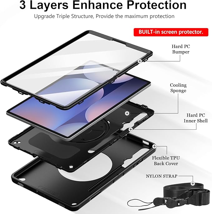 Case for Galaxy Tab S10 Plus/S9 FE Plus/S9 Plus 12.4 INCH: TPU Cover for Samsung Tablet Tab S10+/S9 FE+/S9 + 12.4" 5G W/Screen Protector - Stand- Handle- Shoulder Strap- S-Pen Holder- Black