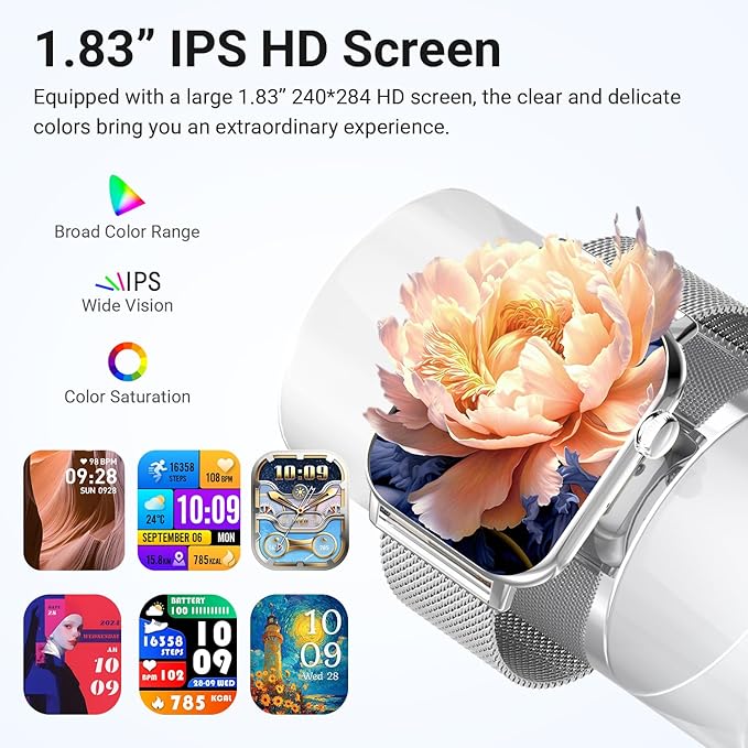 Smart Watches for Women, 1.83" HD Fitness Tracker (Answer/Make Calls), 120+ Sport Modes with Heart Rate/Sleep Monitor, IP68 Waterproof, Fitness Watch for iOS Android, Silver