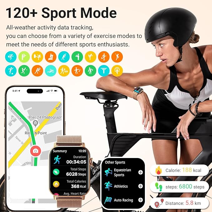 Smart Watches for Women, 1.83" HD Fitness Tracker (Answer/Make Calls), 120+ Sport Modes with Heart Rate/Sleep Monitor, IP68 Waterproof, Fitness Watch for iOS Android, Gold