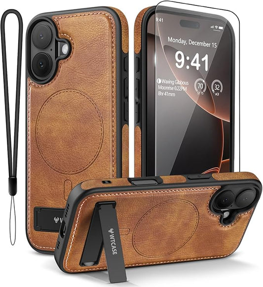 Magnetic for iPhone 17 Leather Case,Built-in Invisible Stand [Compatible with Magsafe] Protective Slim Kickstand Phone Cover for iPhone 17 Case, Brown