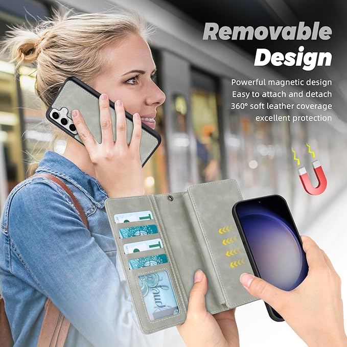 TwoHead for Samsung Galaxy S23 Wallet Case with Card Holder & Detachable Magnetic Phone Case for Galaxy S23,PU Leather Shockproof Protective Phone Cover Wallet with Wrist Strap(6.1 in,Gray)